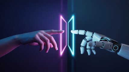 Human and robot hands touching glowing neon frames symbolizing digital connection artificial intelligence future technology