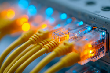 Close-up of multiple yellow network cables plugged into a modern router with glowing led indicators showing active internet connectivity and data transfer status