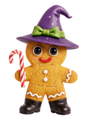 A cute gingerbread man in a purple witch hat with a candy cane, blending Christmas and Halloween themes, Isolated on Transparent and White Background