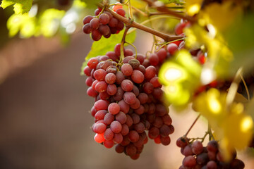 Red Grapes Hanging on Vine in Autumn Vineyard