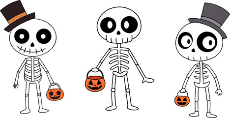 Cute Cartoon Skeletons Set - Halloween Skeleton Characters with Top Hats Vector Illustration

