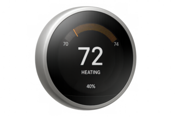 Smart home thermostat with digital display showing 72 degrees for heating, controlling climate and saving energy