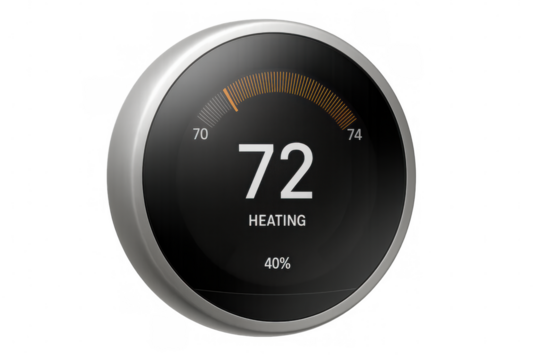 Smart home thermostat with digital display showing 72 degrees for heating, controlling climate and saving energy