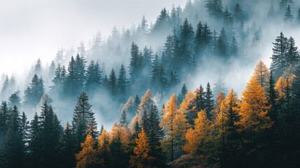 Misty forested mountain slope with contrasting green and golden autumn trees shrouded in early morning fog creating a serene natural landscape