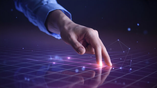 Close up of a human finger touching a glowing digital grid surface abstract futuristic technology interface for data visualization internet network communication and software development
