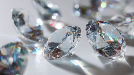 Sparkling clear faceted gemstones reflecting colorful light on a smooth white surface creating bright prismatic patterns and elegant luxury vibes