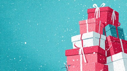 Festive stack of red and white gift boxes adorned with white ribbons against a sparkling teal blue background