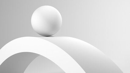White composition features a sphere perched on curved arch, 3d render
