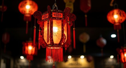 Decorative red lanterns hanging indoors with soft lighting