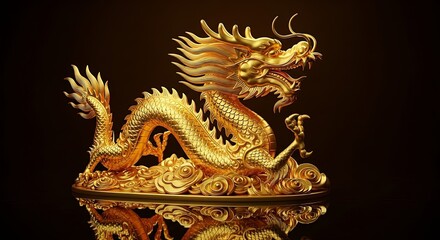 Fototapeta premium Golden dragon sculpture with intricate details on dark background 