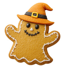 Halloween gingerbread ghost cookie with a witch hat, smiling spooky face, and royal icing details, Isolated on Transparent and White Background
