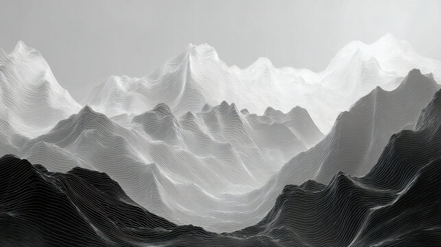 Artistic black and white contour lines forming a detailed mountain range landscape with layered peaks creating depth and a sense of vastness in a minimalist style