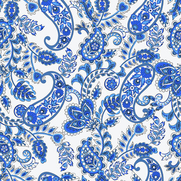 Paisley vector seamless design flowers and leaves in a batik-inspired style. Vintage fabric backdrop