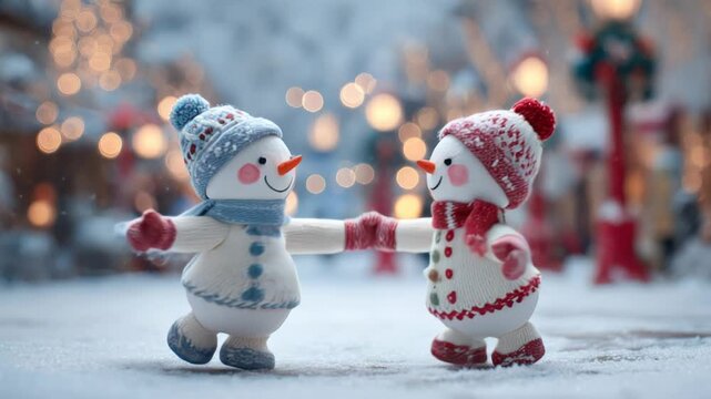 Charming snowmen dance joyfully in winter wonderland, camera pans and zooms for dynamic view