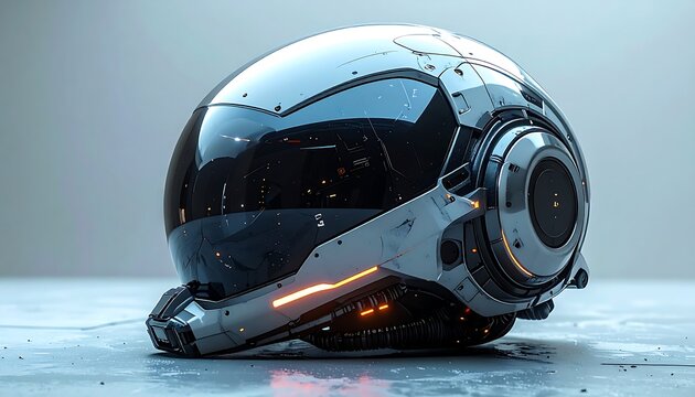 Futuristic, sleek, metallic helmet with advanced tech details