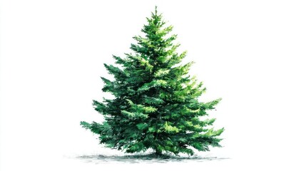 A vibrant realistic watercolor illustration of a lush green pine tree isolated on a clean white background