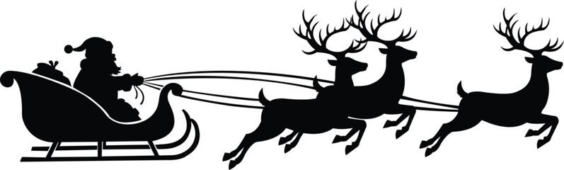 Flying Reindeer Silhouette with Santa Sleigh – Christmas Vector Illustration