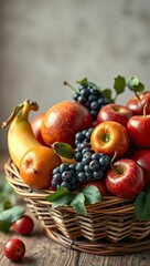 A woven basket filled with fruits including apples grapes a banana and what appears to be a mango sits on a wooden table