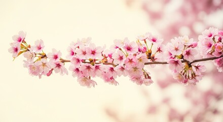 Obraz premium Pink cherry blossom branch with delicate flowers in soft light 