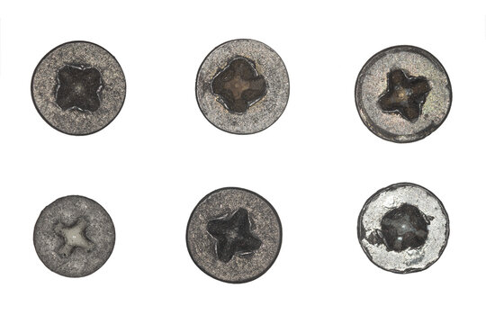 Used screw and bolt heads with signs of wear, scratches, dents, rust spots. Close-up view. Isolated on transparent background. Set 6.