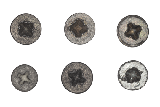 Used screw and bolt heads with signs of wear, scratches, dents, rust spots. Close-up view. Isolated on transparent background. Set 6.