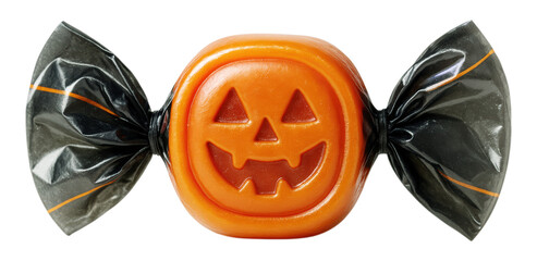 A single orange Halloween candy shaped like a pumpkin with a Jack-o'-lantern face, in a shiny black wrapper, Isolated on Transparent and White Background