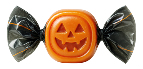 A single orange Halloween candy shaped like a pumpkin with a Jack-o'-lantern face, in a shiny black wrapper, Isolated on Transparent and White Background