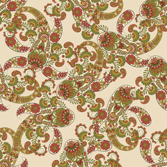 Fototapeta premium Colorful Paisley wallpaper. Vector Indonesian batik. Bright classic indian fabric. Paisley wallpaper. Ethnic background with paisley and stylized flowers. For textile, cover, wrapping paper, fabric