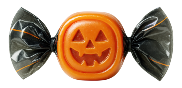 A single orange Halloween candy shaped like a pumpkin with a Jack-o'-lantern face, in a shiny black wrapper, Isolated on Transparent and White Background