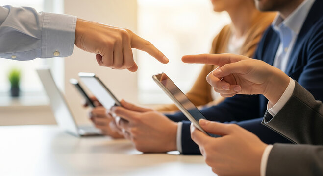 Group of people standing in a circle holding up smartphones with blank white screens, a perfect mockup for a group app, social network, or team project