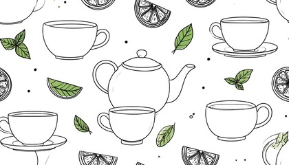 Tea set pattern on white