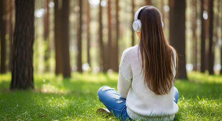 Woman seen from behind, sitting in a tranquil pine forest and listening to music on headphones, a perfect concept for solitude and nature immersion