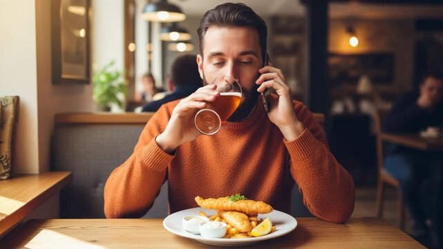 A man with a beard sitting at a table in a pub or restaurant, holding a pint of beer and talking on his mobile phone while a plate of fish and chips sits before him