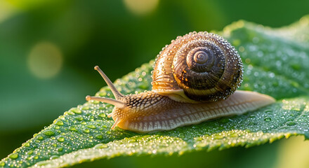 Garden Snail on Wet Leaf