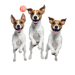 Three dogs jumping for a ball