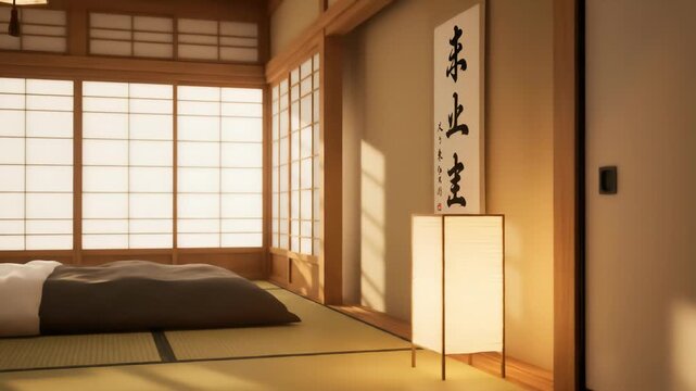 An authentic Japanese-style bedroom featuring floor mats, sliding paper screens, and traditional wall art, illuminated by soft daylight.