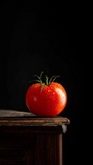 Single tomato on dark wood