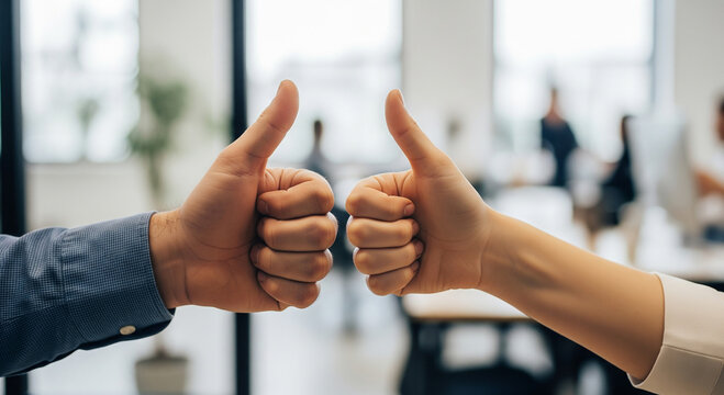 Group of business people in an office giving a collective thumbs-up, a perfect concept for team success, project approval, and corporate satisfaction