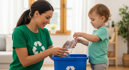 Mother and child sorting waste together into a recycling bin, a perfect concept for teaching kids about environmental responsibility from a young age