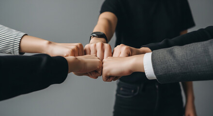 Close-up of a business team putting their hands together in a huddle, symbolizing commitment, unity, and a shared goal in a corporate setting