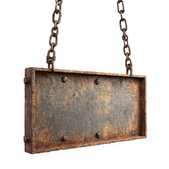 A blank rusty metal sign hangs from heavy weathered chains against a black background