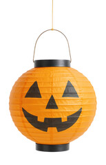 A festive orange Halloween jack-o'-lantern paper lantern with a grinning face and a wire handle, hanging for decoration, Isolated on Transparent and White Background
