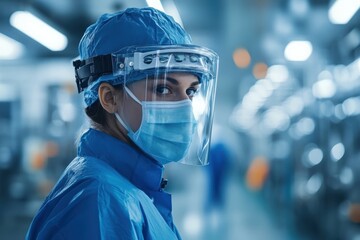 A healthcare professional in full protective attire surveys the surroundings in a medical facility