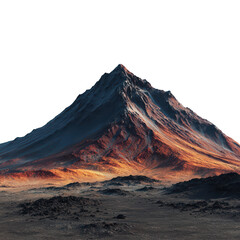 A majestic mountain peak illuminated by a warm fiery glow stands over a desolate volcanic landscape