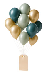 A festive bunch of sage green, teal, and gold balloons with a blank tag, Isolated on Transparent and White Background