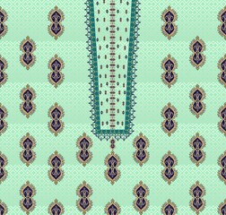Traditional Kurta Fabric Design with Embroidered Teardrop Motifs and Ornamental Neckline Panel on Mint Green Background