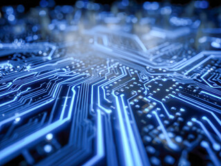 Close-up of a futuristic blue-lit circuit board illustrating advanced electronic technology and intricate pathways of data flow for digital innovation and connectivity