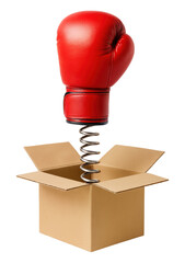 A red boxing glove on a spring jumping out of an open cardboard box in a prank or surprise concept, Isolated on Transparent and White Background