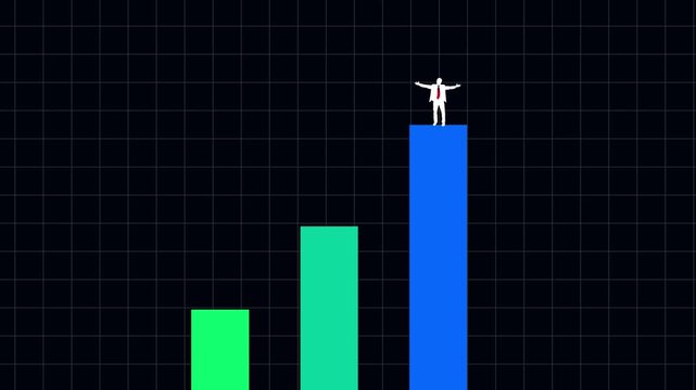 Business growth and graph chart zooming into successful business person on dark grid background