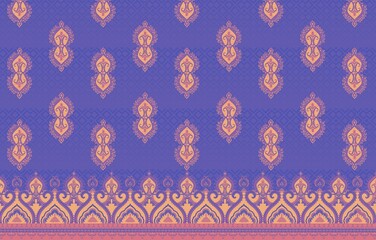 Traditional Ornamental Textile Pattern with Vertical Paisley Motifs and Decorative Border on Deep Blue Background
